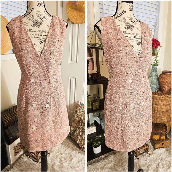Clueless Style Tweed Sleeveless V- Neck Button Front Preppy Mini Dress. - Picture 1 of 13